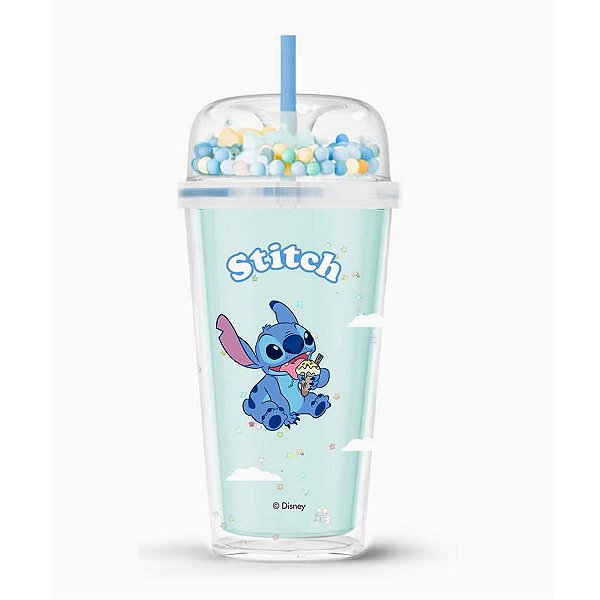 COPO CAMADA DUPLA COM CANUDO E TAMPA DISNEY STITCH 480 ML.