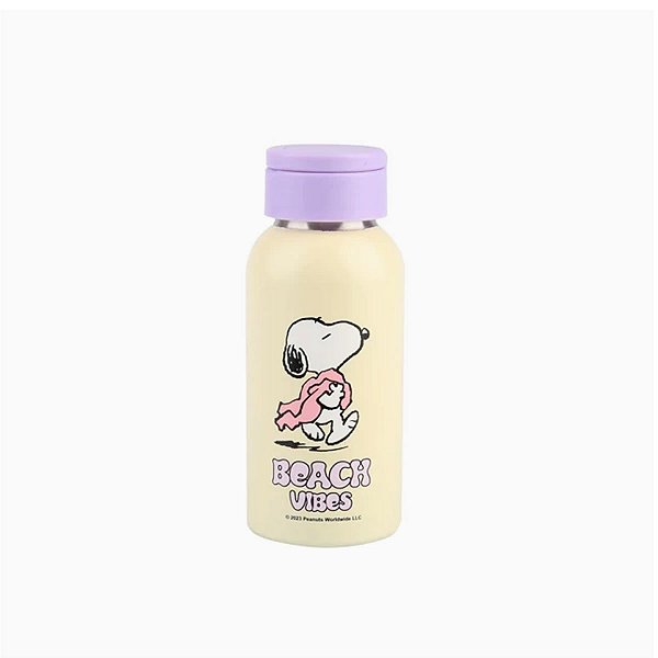 GARRAFA COM ALÇA DE DEDO EM AÇO INOX SNOOPY BEACH VIBES 350 ML.