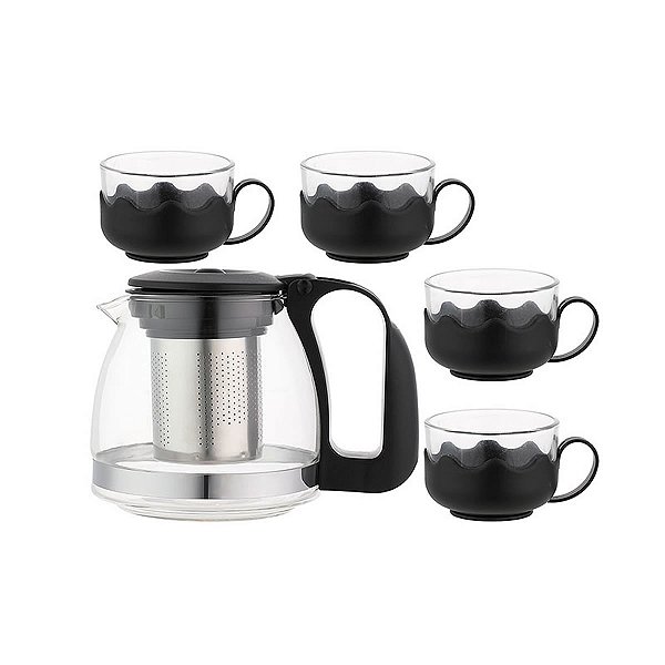 JOGO DE CHÁ  4 XÍCARAS COM JARRA DE VIDRO COR PRETO 700 ML.