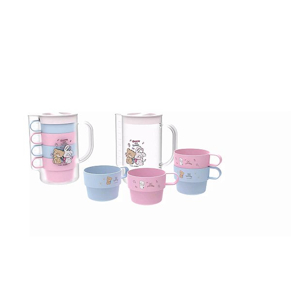 CONJUNTO DE JARRA E 4 XÍCARAS COLEÇÃO MIKKO CAMMY AND LATTE MINISO 1000ML.