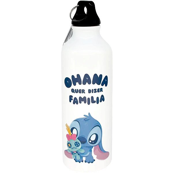 GARRAFA DE ALUMÍNO COM MOSQUETÃO COLEÇÃO DISNEY STITCH OHANA 500 ML.18,5 X 7 X 7 CM.