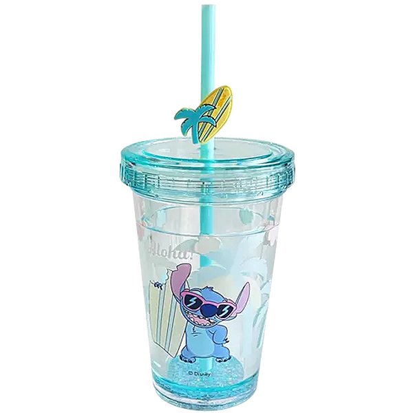 COPO PLÁSTICO CAMADA DUPLA COM CANUDO COLEÇÃO STITCH 320 ML. MINISO