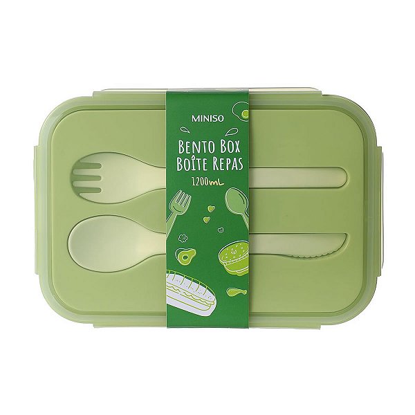 BENTO BOX RETANGULAR COM TALHERES DE 1200 ML. VERDE MINISO.
