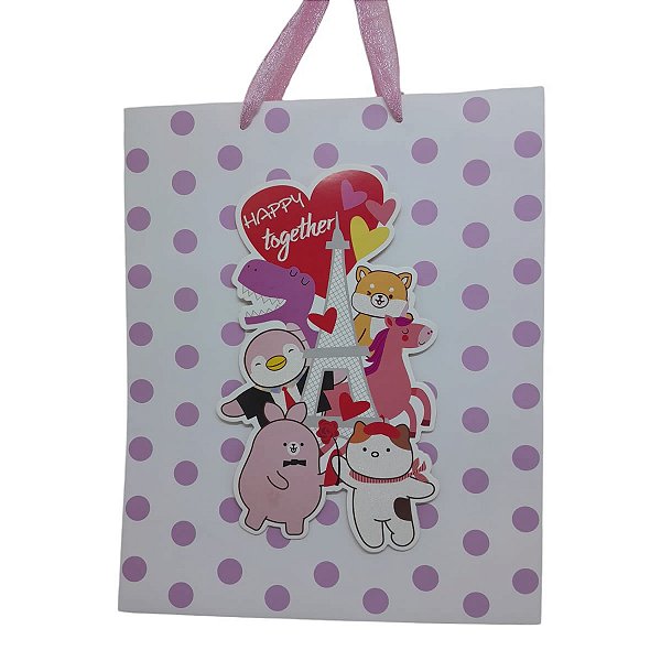 SACOLA PARA PRESENTE MODELO HAPPY TOGETHER MINISO 32X26X11CM