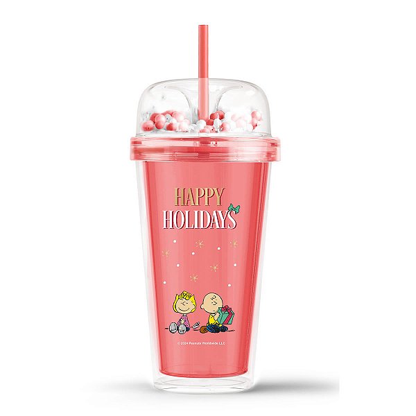 COPO COM CANUDO PAREDE DUPLA SNOOPY HAPPY HOLIDAYS MINISO 480 ML.