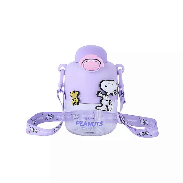 GARRAFA DE PLÁSTICO COM ALÇA SNOOPY E WOODSTOCK MINISO 550 ML.