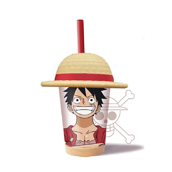 COPO PLÁSTICO COM CANUDO TAMPA DE CHAPÉU ONE PIECE LUFFY