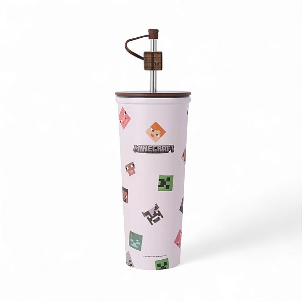 Copo Térmico Canudo Inox Minecraft Original Miniso