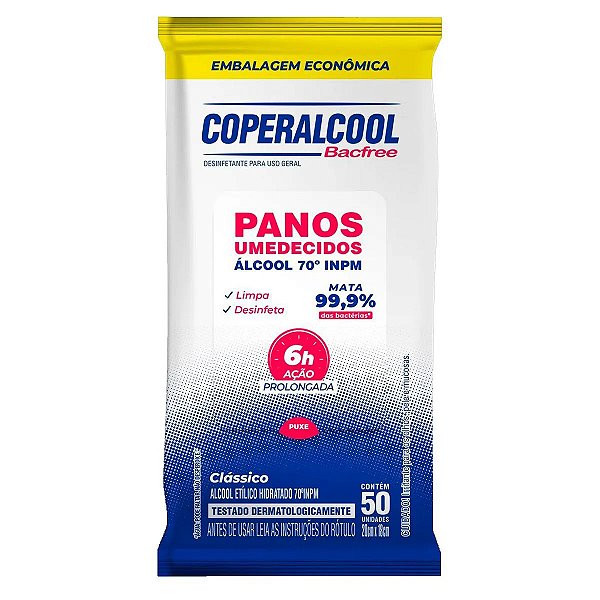 Pano Umedecido Álcool 70° Ação Prolongada Clássico 50 Panos