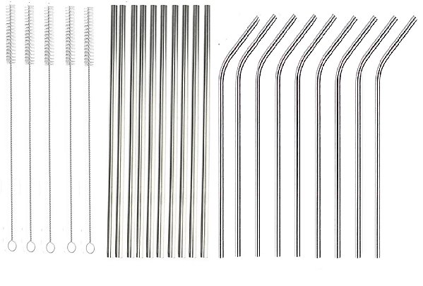 Kit 50 canudos inox: 25 reto + 25 curvo + 50 escovas