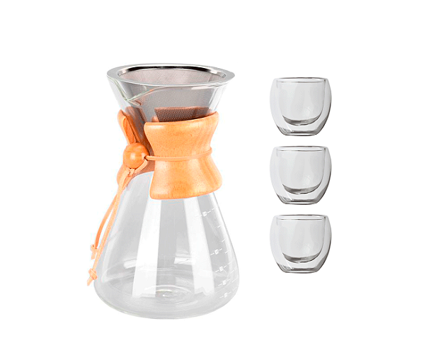 Kit Cafeteira de Vidro Filtro de Inox + 3 Copos Double Wall 80ml