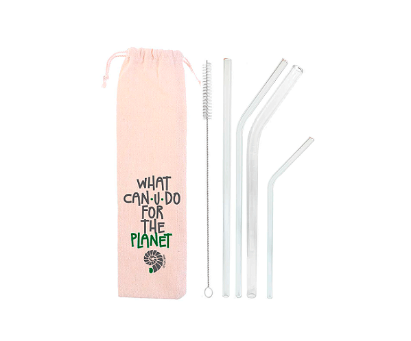 Kit 6 em 1: 4 canudos de vidro (drink curvo) + escova + ecobag