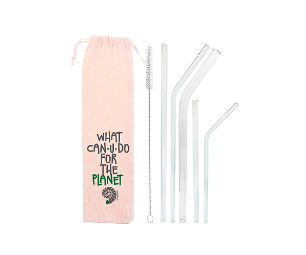 Kit 7 em 1: 5 canudos de vidro + escova + ecobag what