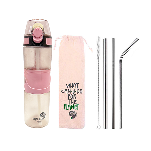 Kit 5 em 1 Prata - reto e curvo 6mm, shake 8mm, esvoca e ecobag + 1 Garrafa Tritan