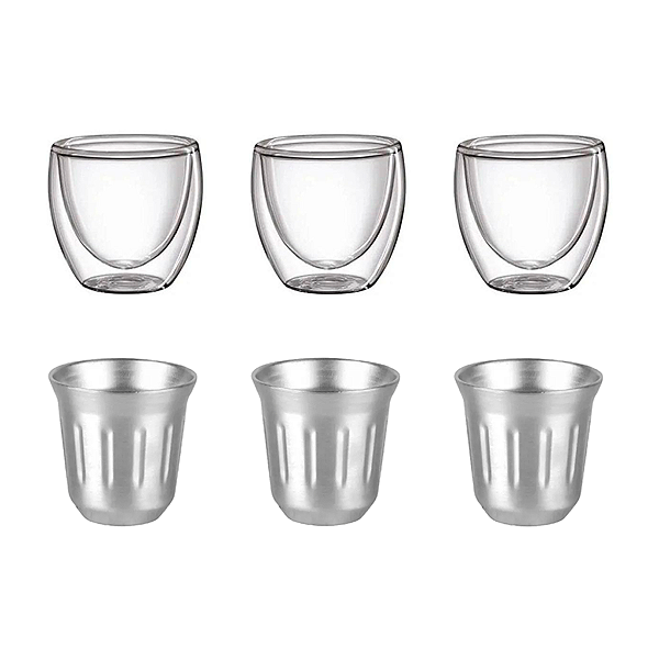 Kit 6 copos café: 3 copos double wall + 3 copos 80ml de inox