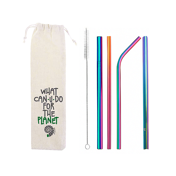 1 Kit 5 em 1 (3 canudos de inox (shake 8mm) + esvoca + ecobag) rainbown + 1 Canudo de Coração (rainbown