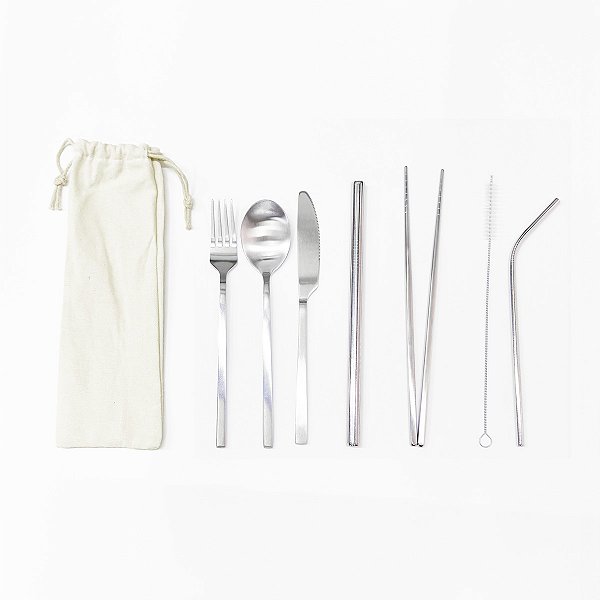 Kit 25 8 em 1 de inox: garfo + faca + colher + hashi+ canudo + shake + escova + bag