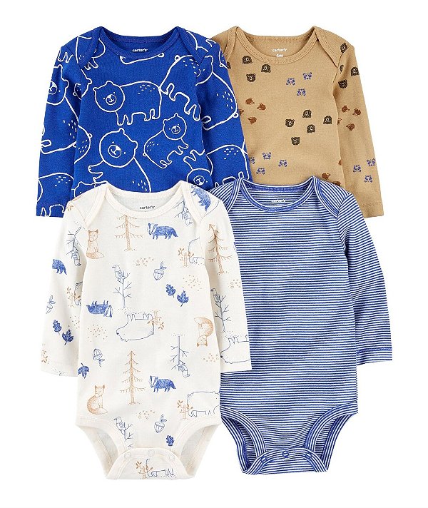 Kit body manga longa Carters ursinho, azul, branco e marrom
