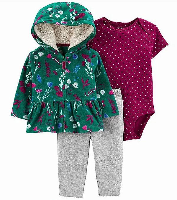 Trio de inverno Carters verde e vinho casaco de fleece com capuz