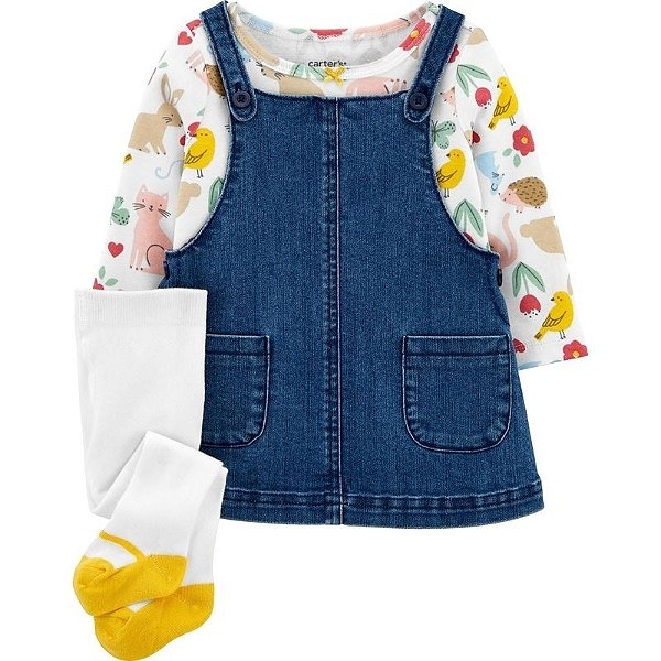 Jardineira Salopete Carters Jeans com blusa manga longa com bichinhos e meião