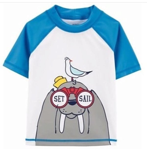 Blusa de proteção Praia manga curta Carters leão marinho azul e branca, proteção 50+