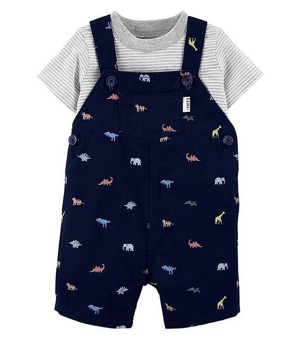 Jardineira Carters azul marinho com estampas de dinossauro, blusa cinza