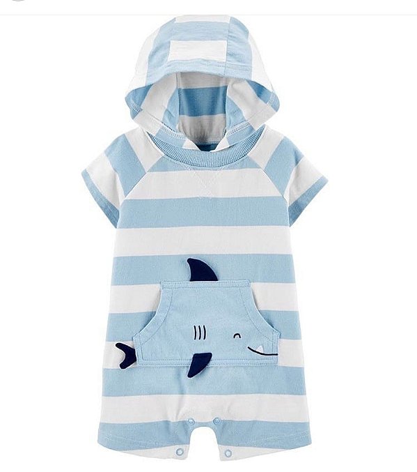 Romper Carters com capuz, tubarão branco com listra azul