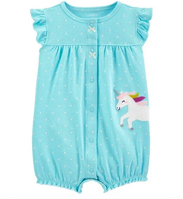 Romper Carters azul com bolinhas e unicórnio branco