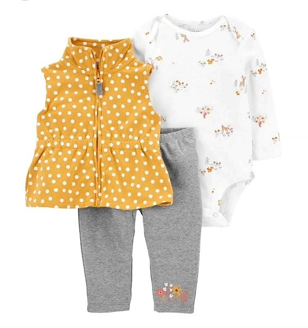 Trio Carter's, colete de moletinho poá amarelo e floral