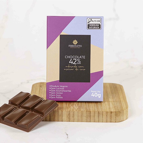 Barra Chocolate  42% Cacau  Açúcar Coco - Vegano 40g
