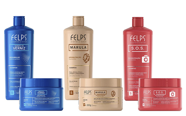 Kit Cronograma Premium Shampoo Banho de Verniz 500mL + Máscara 300g + Shampoo Marula 500mL + Máscara 300g + Shampoo S.O.S 500g + Máscara 300g Felps Professional