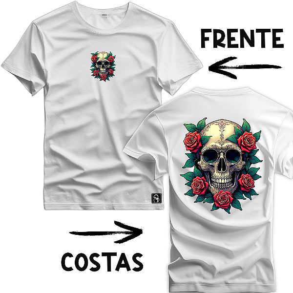 Camiseta Boldfire Skull Roses Frente Costas - 3696
