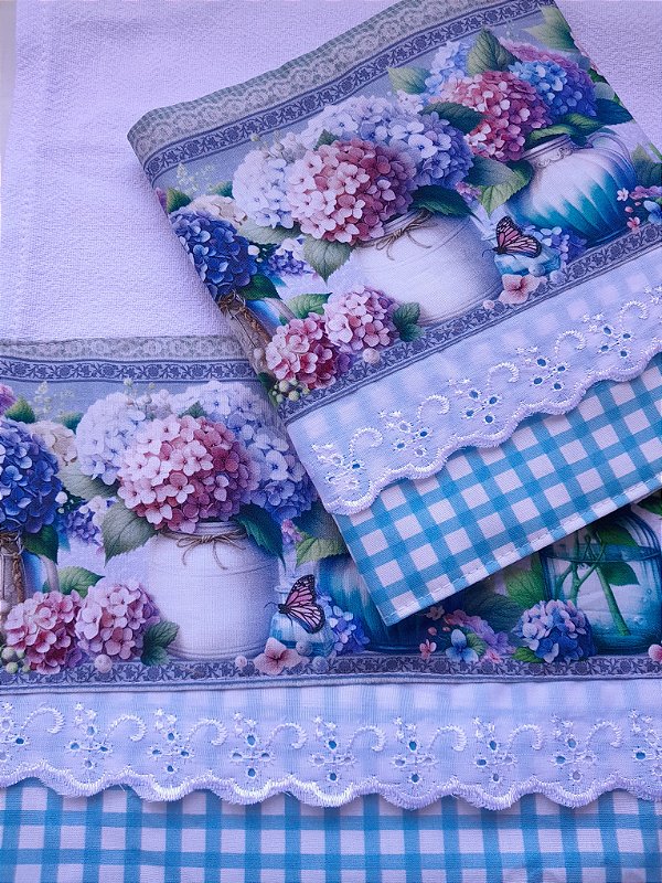 Pano de Prato Vasos de Hortênsias