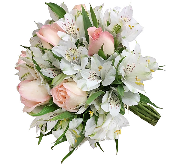 Buquê de Noiva com Asltromelias Brancas e Rosas Cor de Rosa