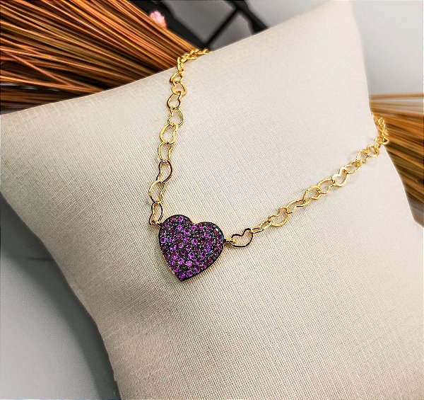 Pulseira coração ao meio rosa