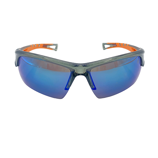 Óculos de sol esportivo Max - Armação grafite com detalhes laranja e lente azul