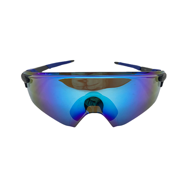 Óculos de sol esportivo Glow - Armação preta com detalhe azul na ponteira e lente na cor azul espelhado