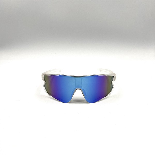 Óculos de sol esportivo Paradise - Armação branca transparente lente roxa/azul