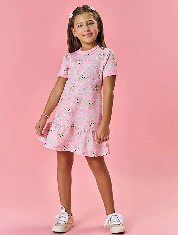 Vestido Infantil Menina Ursinhos Rosa Mundo Cinti