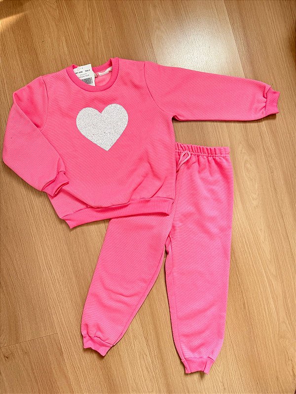 Conjunto Infantil Moletom Rosa Coração Paetês Térmico