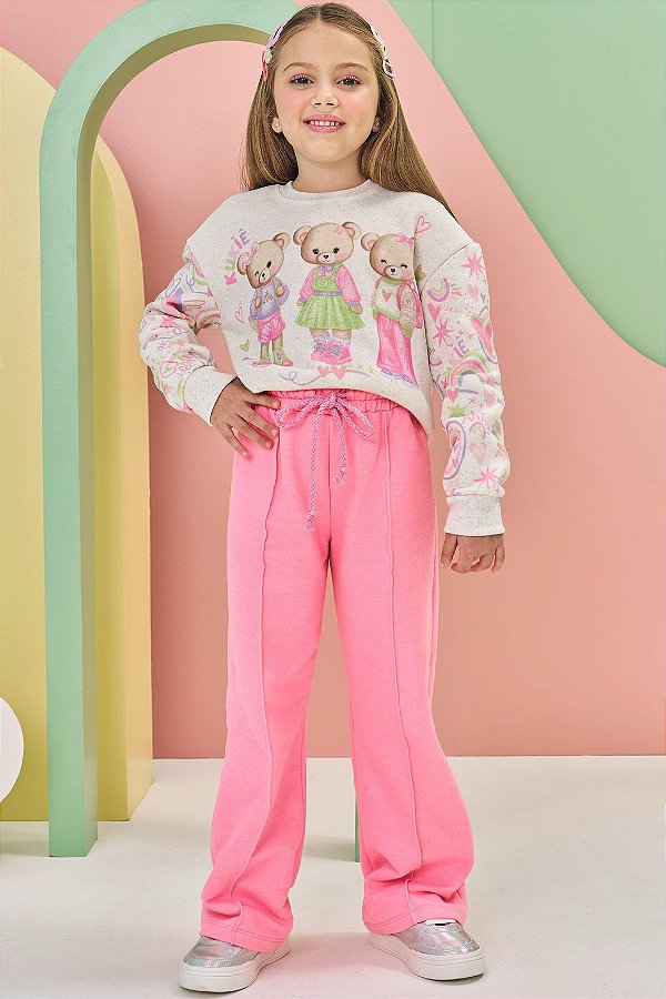 Conjunto de Blusão Boxy e Calça Wide Leg em Moletom Rosa Kukiê