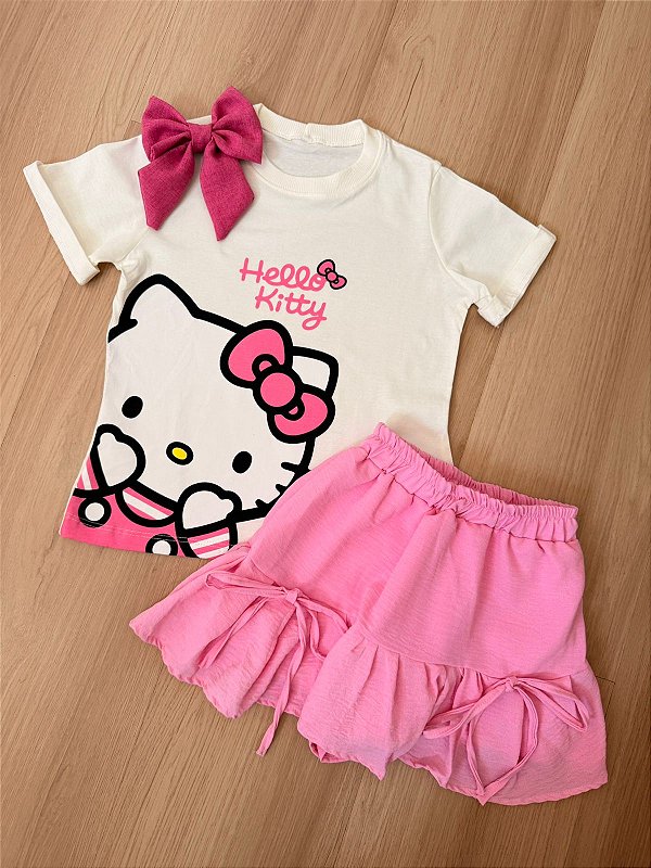 Conjunto Infantil Menina Hello Kitty Rosa - Short saia