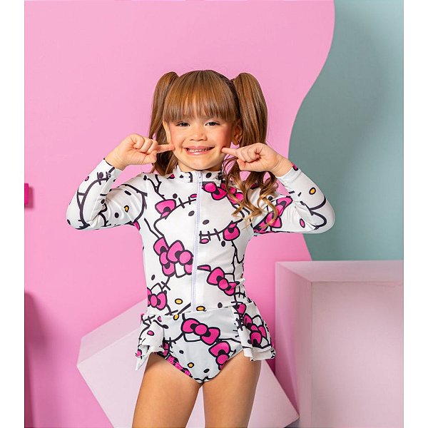 Maiô manga longa Hello Kitty Infantil Menina Proteção UV 50+