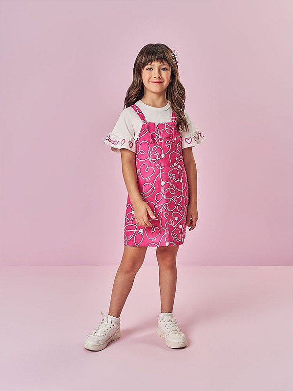 Conjunto Salopete e blusa Cinti Estampada Corações