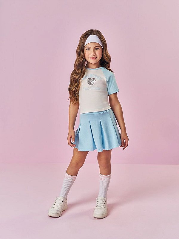 Conjunto Infantil Cinti Verão com Shorts Saia Azul e Blusa Branca Princess