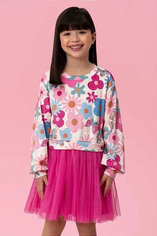 Vestido em Plush com saia em tule Mon Sucré Florido