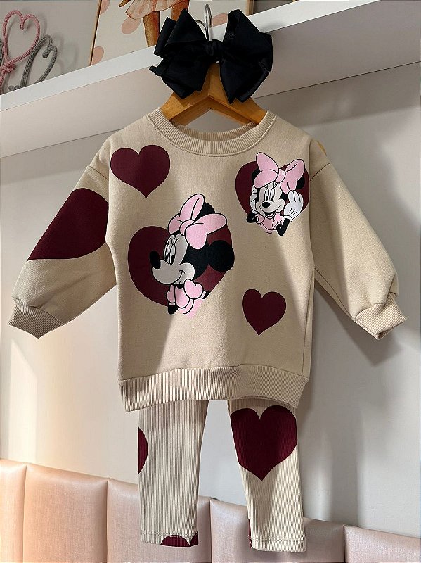 Conjunto Infantil Minnie com corações em Moletom