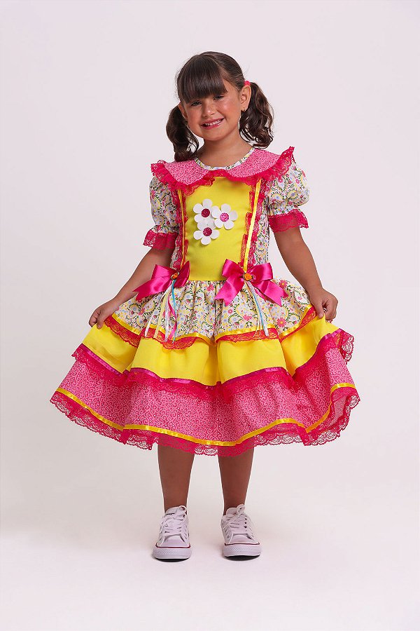 Vestido Junino Floral Com Detalhe Amarelo