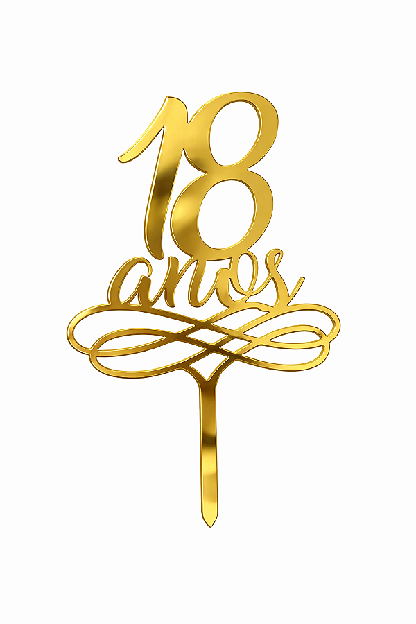 Topo de Bolo Acrílico 18 Anos Dourado – 18 cm x 12 cm