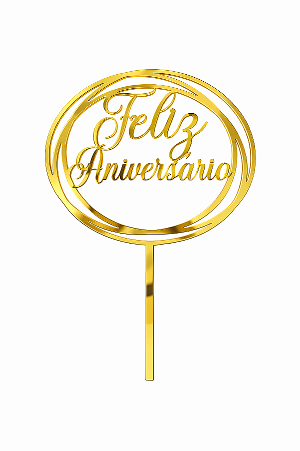 Topo de Bolo Acrílico Feliz Aniversário Redondo Dourado – 18 cm x 12 cm
